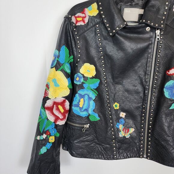 ASOS HTF Floral Embroidery Leather Biker Jacket Size 14 - Picture 5 of 10
